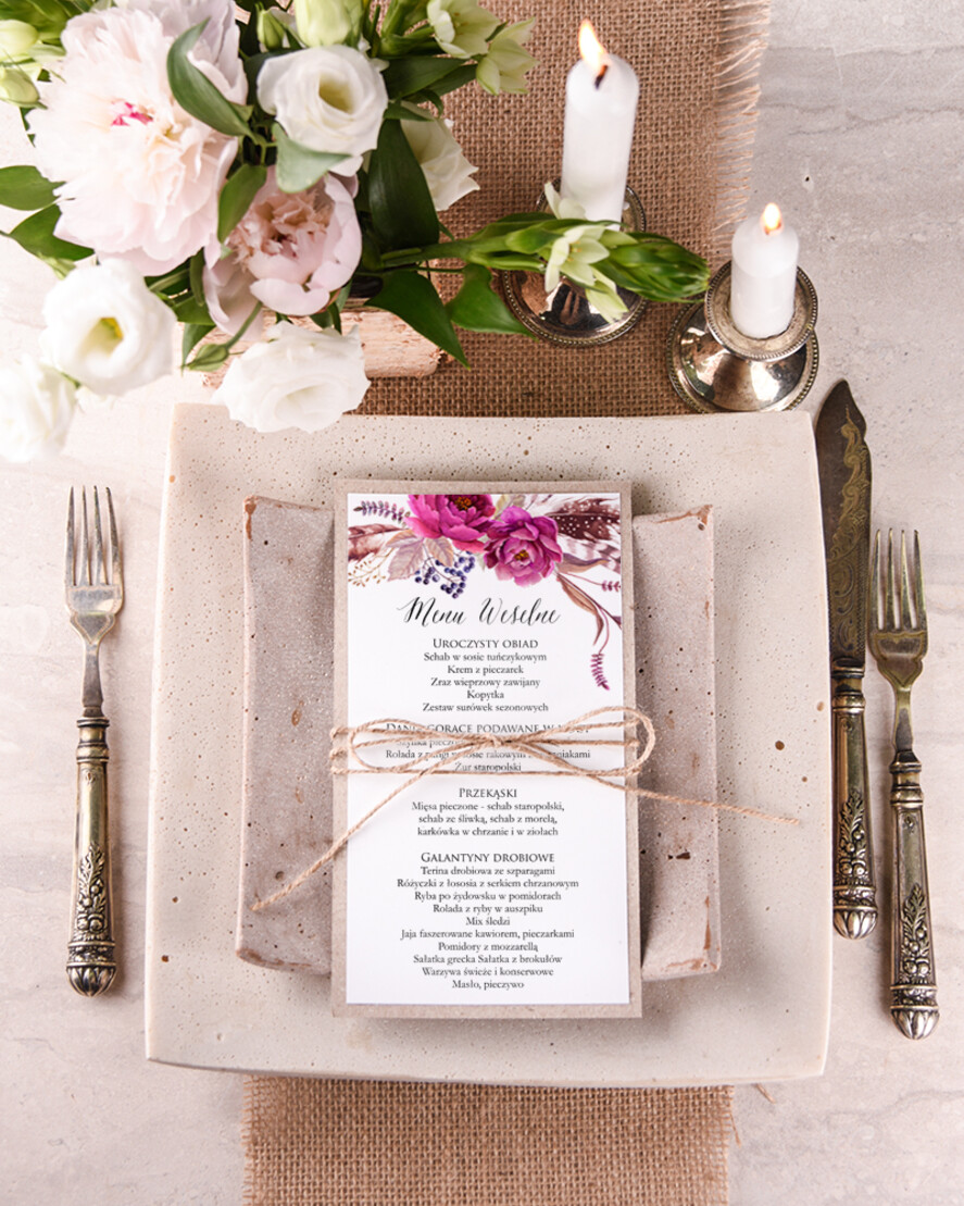 Menu boho menu weselne na stół karta dań weselnych, boho z dowoną treścią0