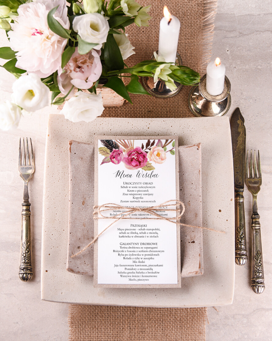 Menu boho menu weselne na stoły plan podawania posiłków, w stylu boho wasza treść1