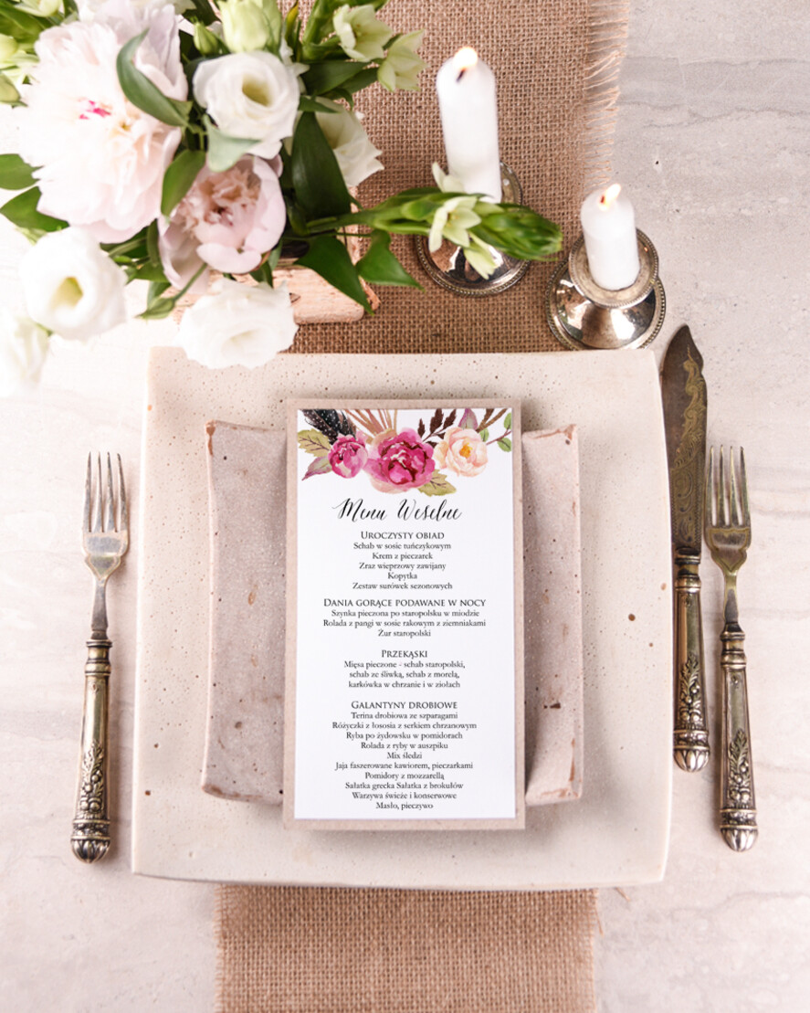 Menu boho menu weselne na stoły plan podawania posiłków, w stylu boho wasza treść0