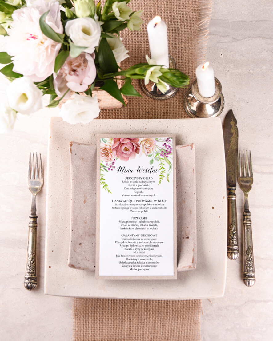 Menu boho menu weselne plan podawania posiłków na weselu, boho z dowoną treścią1