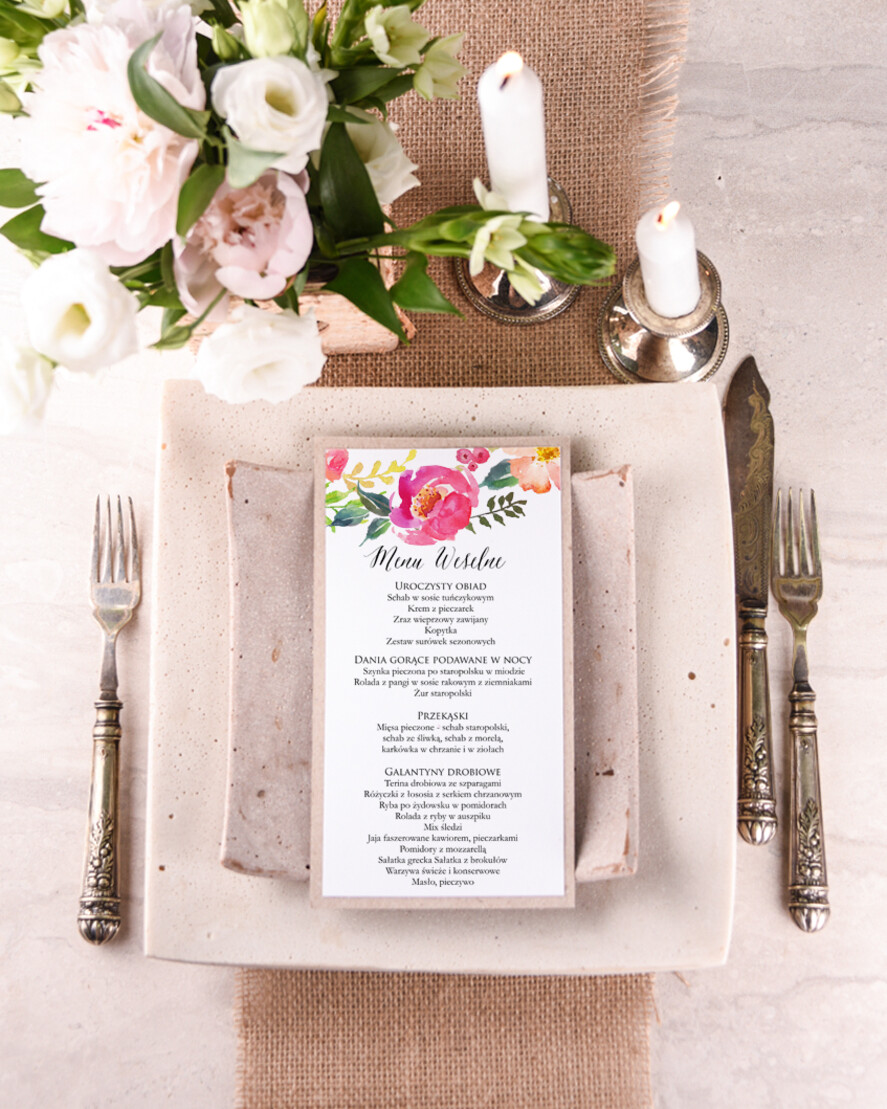 Menu boho weselne menu karta potraw weselnych, boho kwiaty wasze imiona0