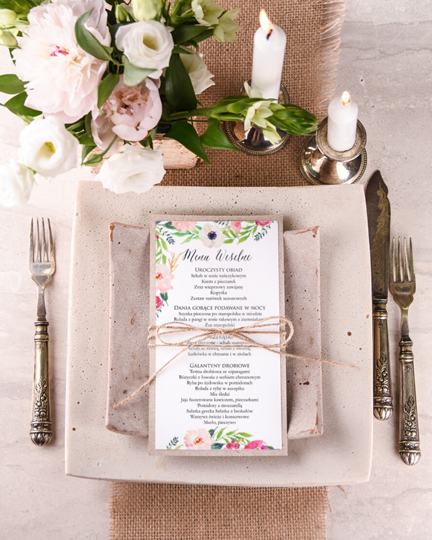 Menu boho ślubne menu z planem podawania dań wesenych, w stylu boho wasza treść0