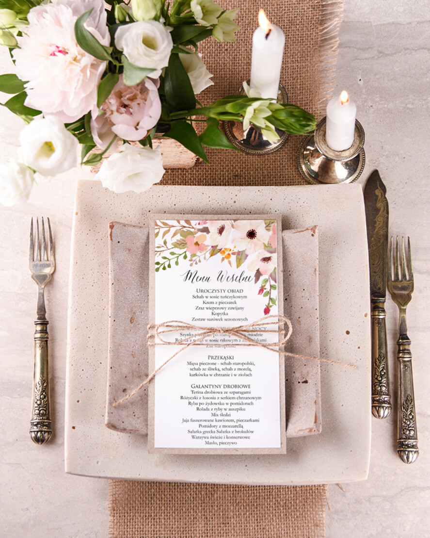 Menu boho menu weselne plan podawania posiłków na weselu, boho na romantyczne wesele0