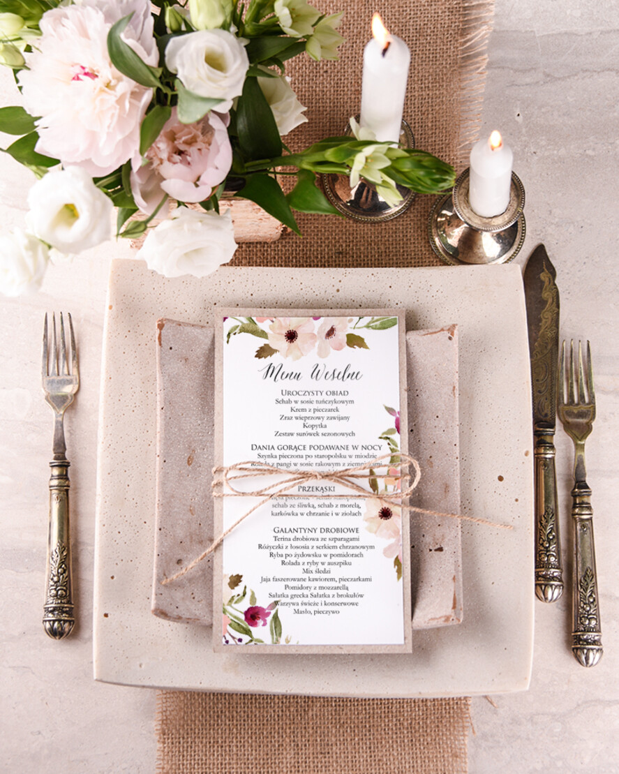 Menu boho ślubne menu karta potraw weselnych, boho z dowoną treścią1