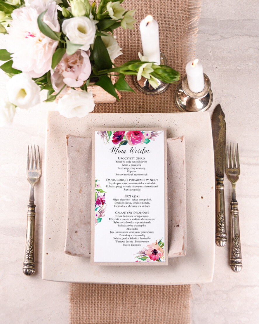 Menu boho weselne menu karta dań weselnych, boho z dowoną treścią0