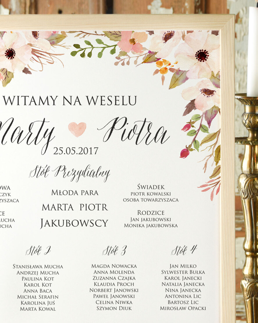 Plany stołów Plakaty Boho tablica informacyjna dla gości weselnych, boho styl romantyczne kwiaty1