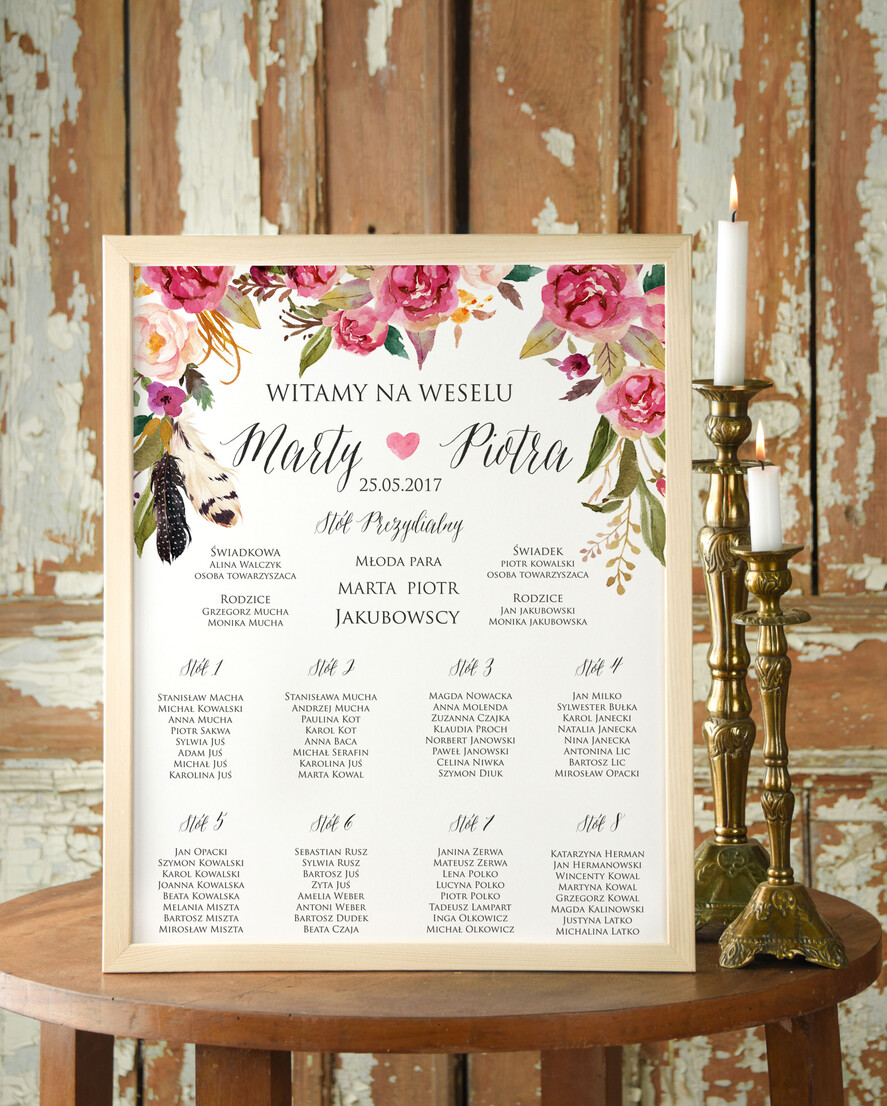 Plany stołów Plakaty Boho plan stołów na wesele tablica z rozmieszczeniem gości, boho styl kolorowe kwiaty0