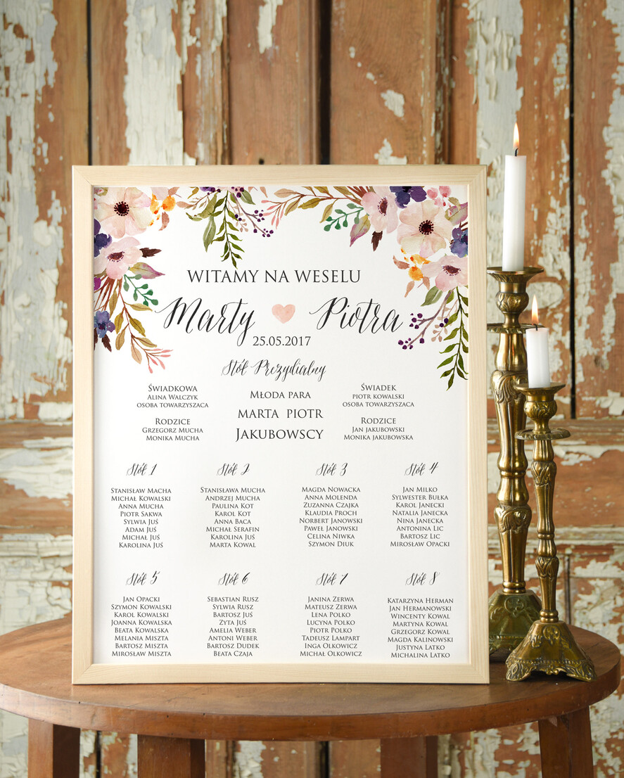 Plany stołów Plakaty Boho plan stołów  weselnych usadzenie gości na weselu, boho styl kolorowe kwiaty0