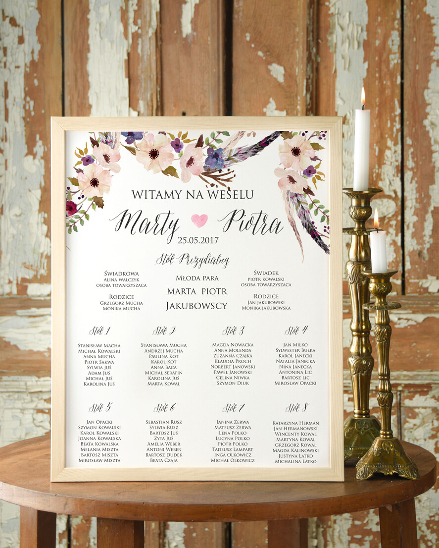 Plany stołów Plakaty Boho plansza weselna plan stołów weselnych, w stylu boho romantyczne kwiaty\\0