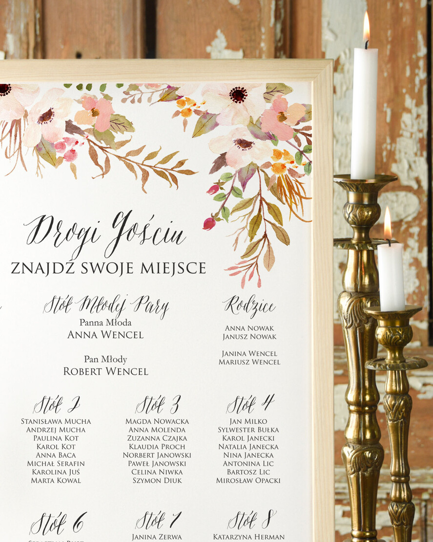 Plany stołów Plakaty Boho plan stołów na wesele tablica z rozmieszczeniem gości, w stylu boho romantyczne kwiaty\\1