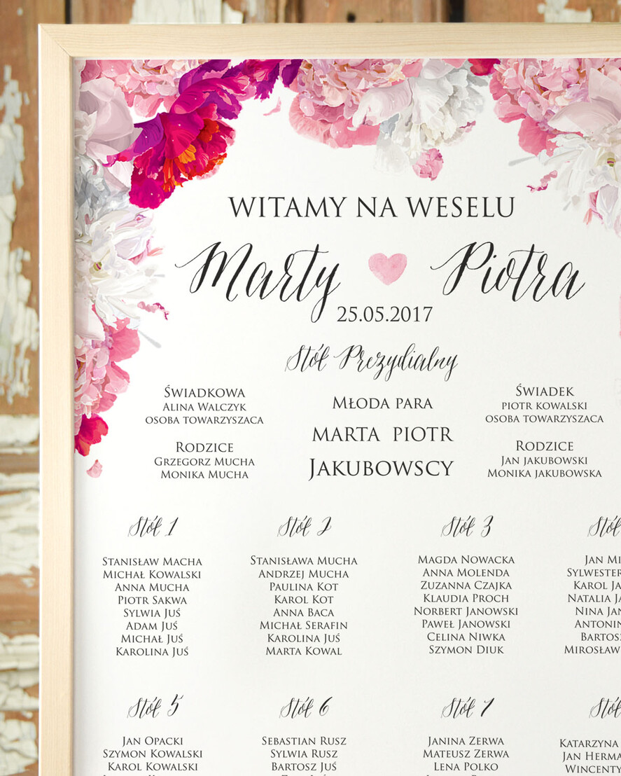 Plany stołów Plakaty Boho planer ślubny plan usadzenia gości na weselu, boho styl kolorowe kwiaty1