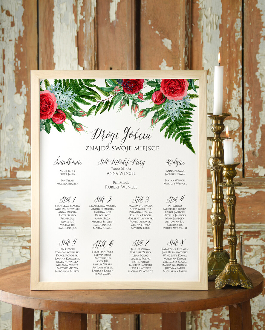 Plany stołów Plakaty Boho tablica z planem stołów na wesele plan stołów weselnych, w stylu boho romantyczne kwiaty\\0