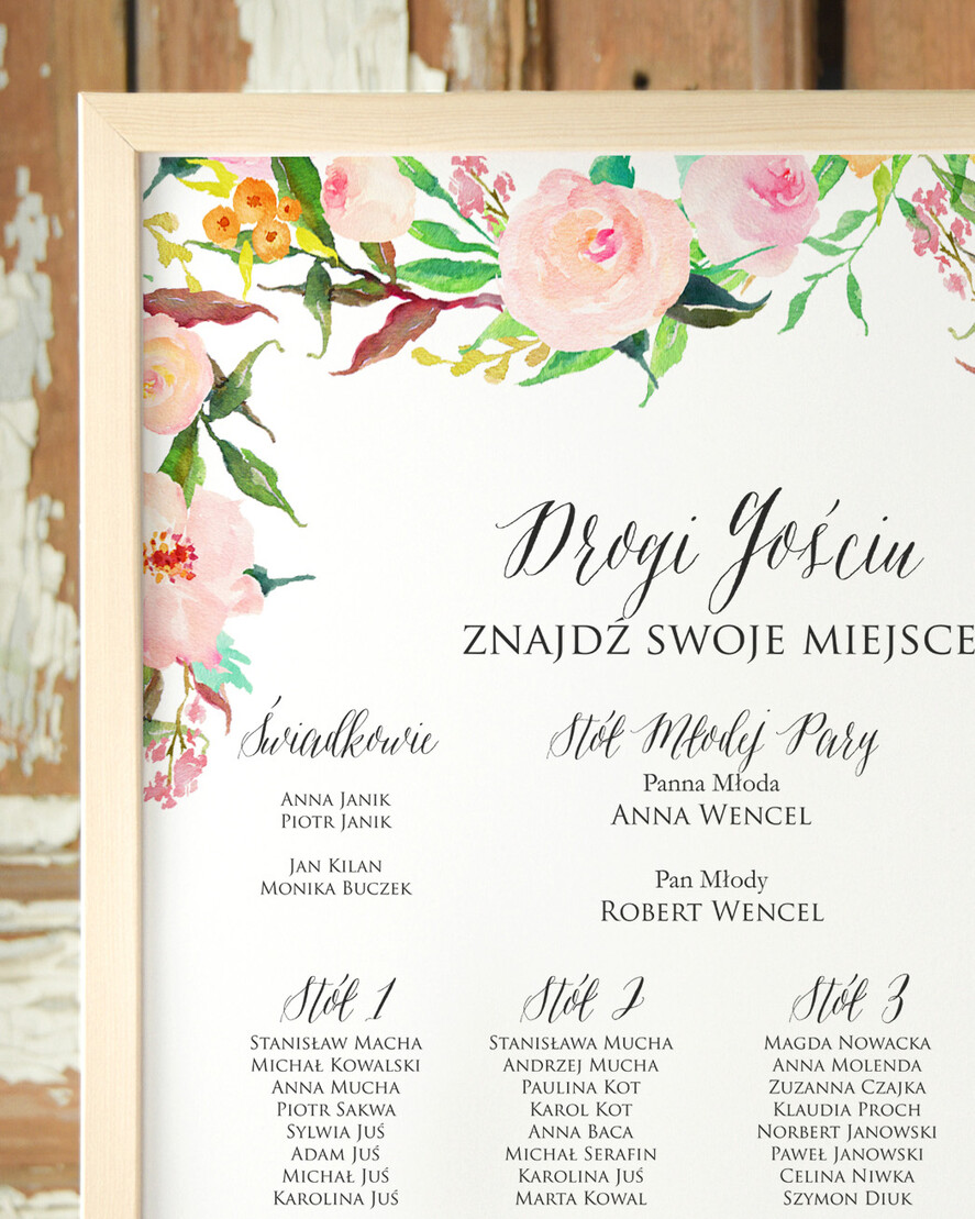 Plany stołów Plakaty Boho planer ślubny plan usadzenia gości na weselu, boho styl kolorowe kwiaty1