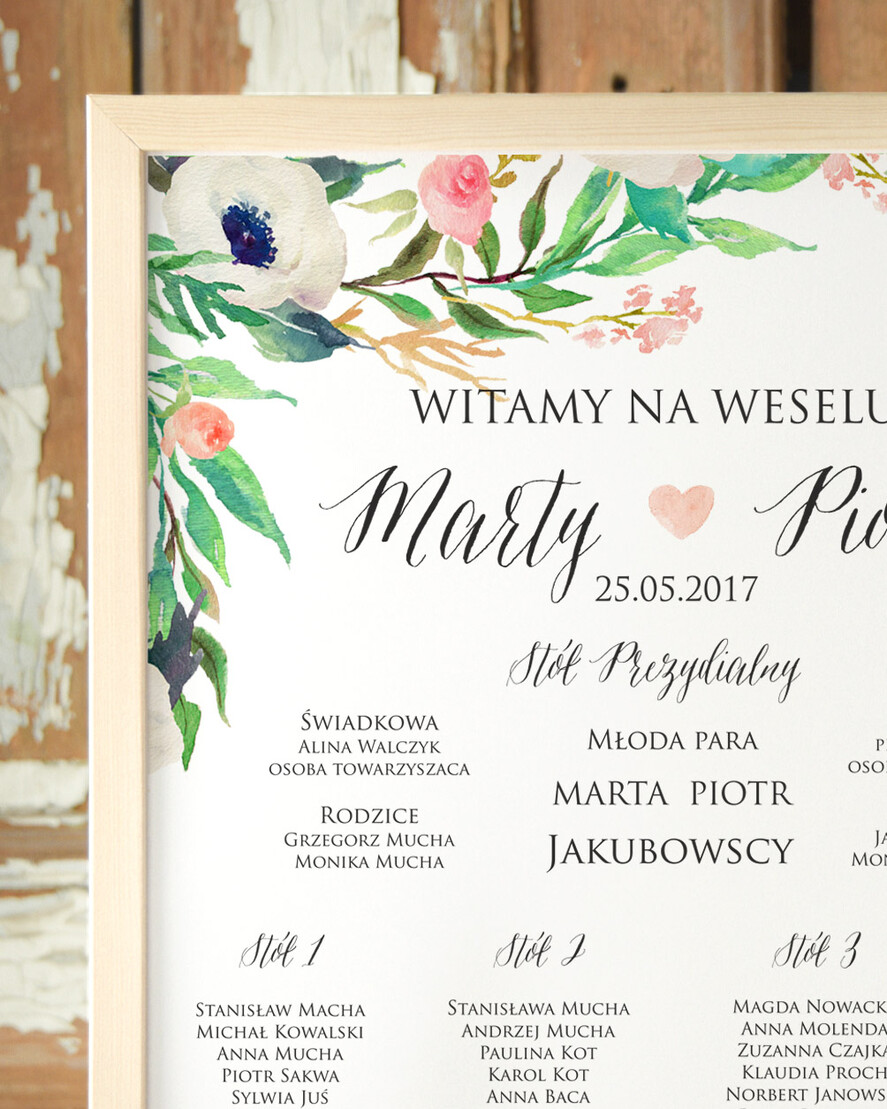 Plany stołów Plakaty Boho plansza weselna plan stołów weselnych, w stylu boho romantyczne kwiaty\\1