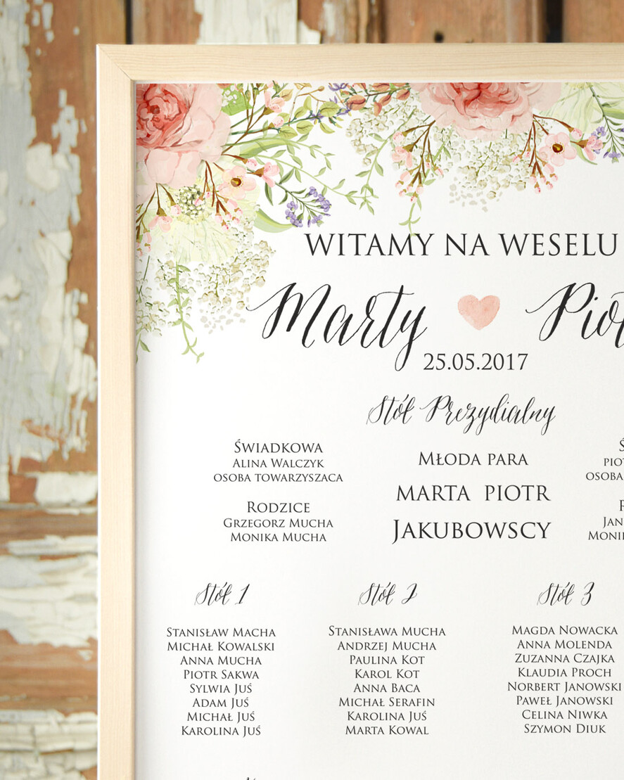 Plany stołów Plakaty Boho plan stołów na wesele tablica z rozmieszczeniem gości, boho styl kolorowe kwiaty1