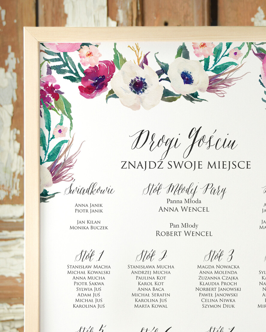 Plany stołów Plakaty Boho tablica z planem stołów na wesele plan stołów weselnych, w stylu boho romantyczne kwiaty\\1