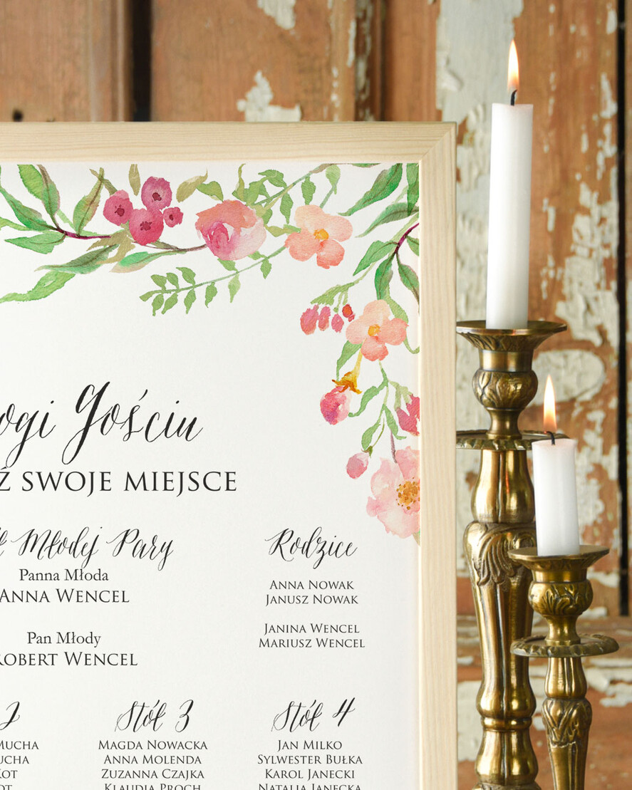 Plany stołów Plakaty Boho plansza weselna plan stołów weselnych, boho styl kolorowe kwiaty1