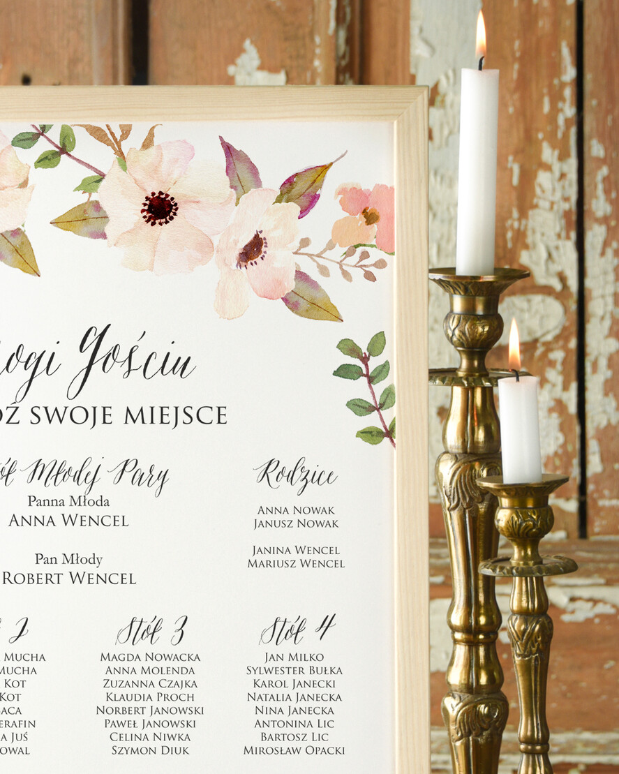 Plany stołów Plakaty Boho tablica z planem stołów na wesele plan stołów weselnych, boho styl romantyczne kwiaty1