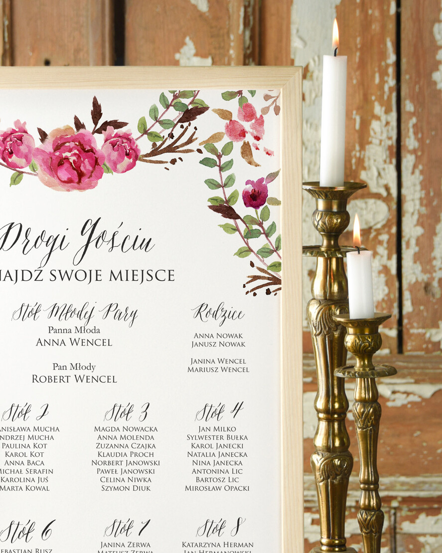 Plany stołów Plakaty Boho tablica z planem stołów na wesele plan stołów weselnych, boho styl kolorowe kwiaty1