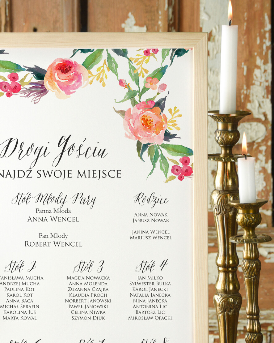 Plany stołów Plakaty Boho powitanie gości na sali ślubnej i plan stołów, w stylu boho romantyczne kwiaty\\1