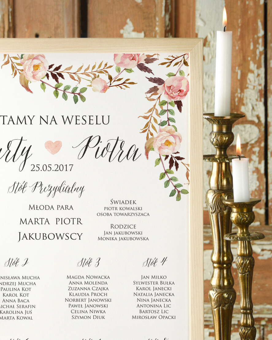Plany stołów Plakaty Boho powitanie i usadzenie gości plan stołów weselnych, boho styl romantyczne kwiaty1