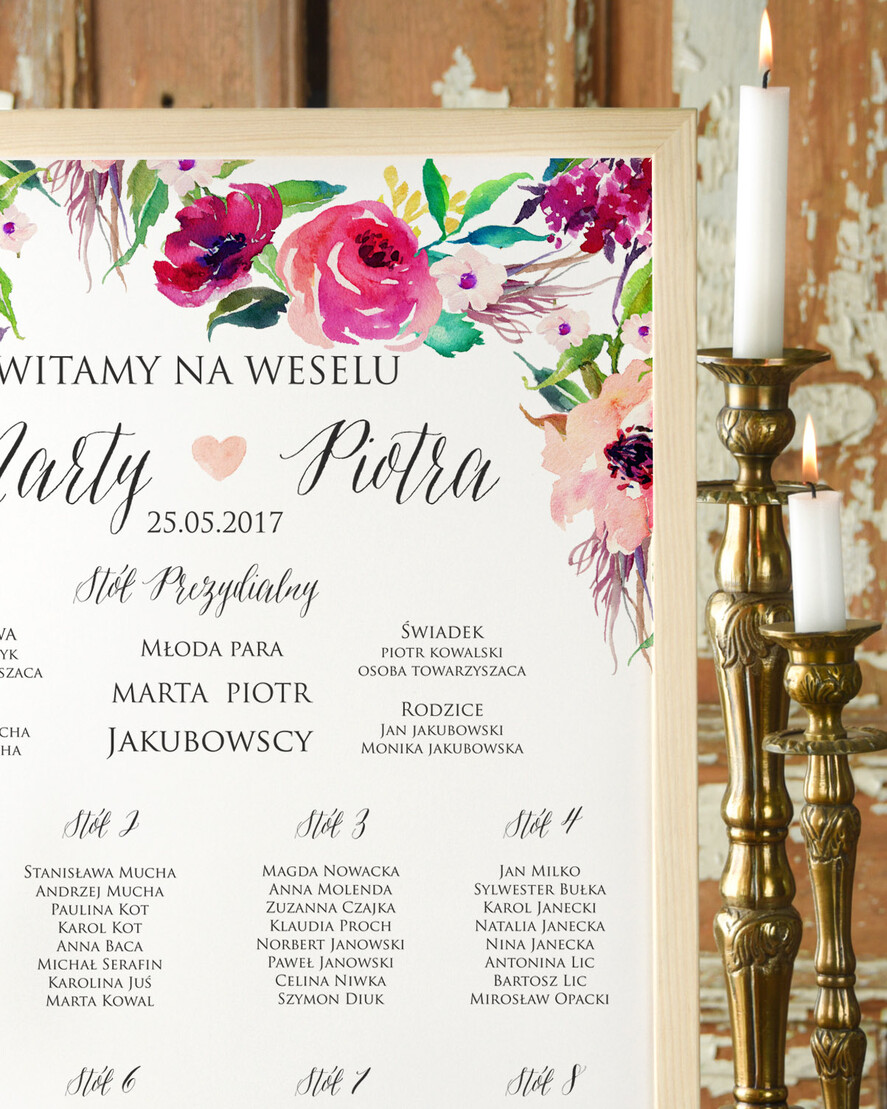 Plany stołów Plakaty Boho tablica z planem stołów na wesele plan stołów weselnych, boho styl kolorowe kwiaty1