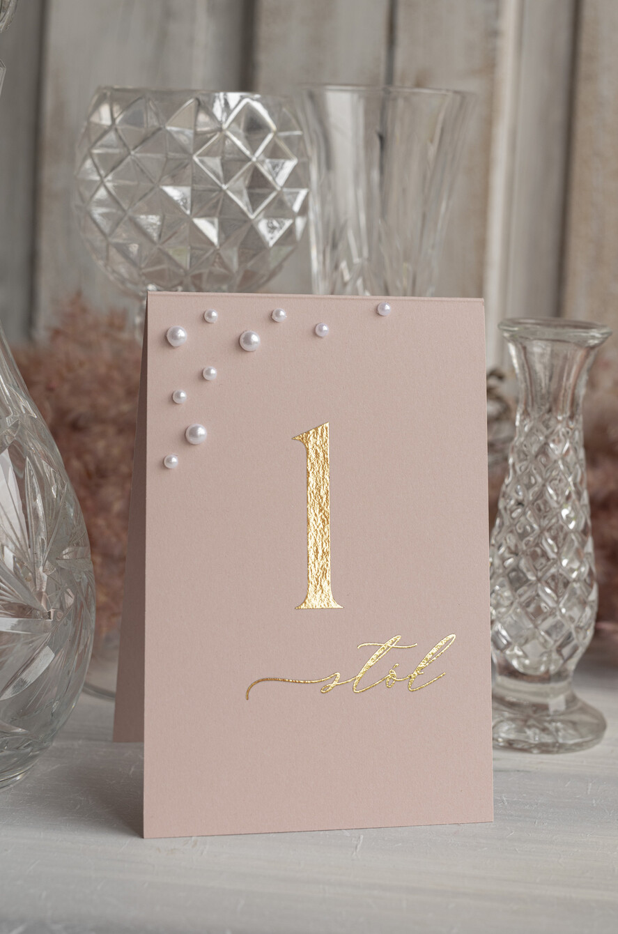 Numery na stół Glamour numerki na stoliki ślubne, złoto klasyczna elegancja w stylu glamou, numerki na stoły weselne z perełkami, złoto rózowe numery na stół 1
