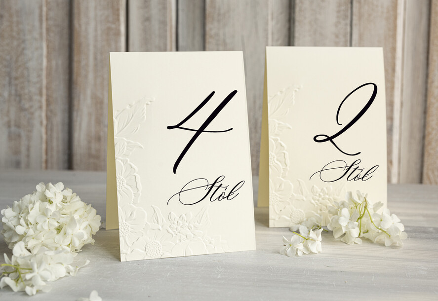 Numery na stół Glamour tabliczka z numerem stołu weselnego, tłoczone numerki na stół weselny, dekoracja stołów weselnych tłoczone kwiaty 0