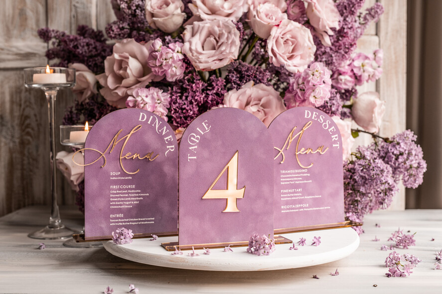 Numery na stół Glamour lawendowe numerki na stoły weselne, dekoracje sali weselnej, dekoracje stołu Pary Młodej, numeracja stołów weselnych 9