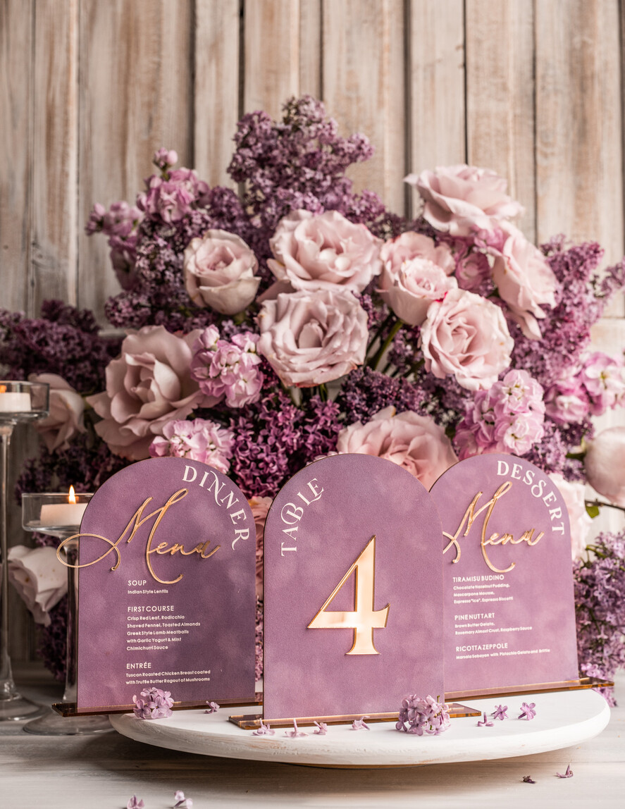 Numery na stół Glamour lawendowe numerki na stoły weselne, dekoracje sali weselnej, dekoracje stołu Pary Młodej, numeracja stołów weselnych 8