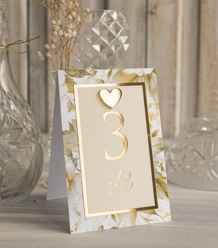 Numery na stół Glamour elegancki numerek na stół weselny, złoty ecru numer na stół weselny, dekoracja na stoły weselne, numery na stoły weselne ze złotym sercem3
