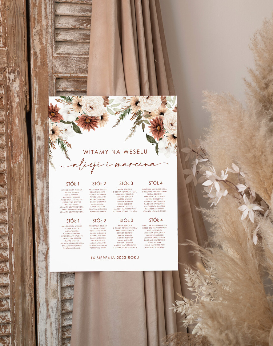 Plany stołów Plakaty Rustykalne plan usadzenia gości, tablica z planem stołów na wesele plan stołów weselnych rustykalny styl wybierz rozmiar0