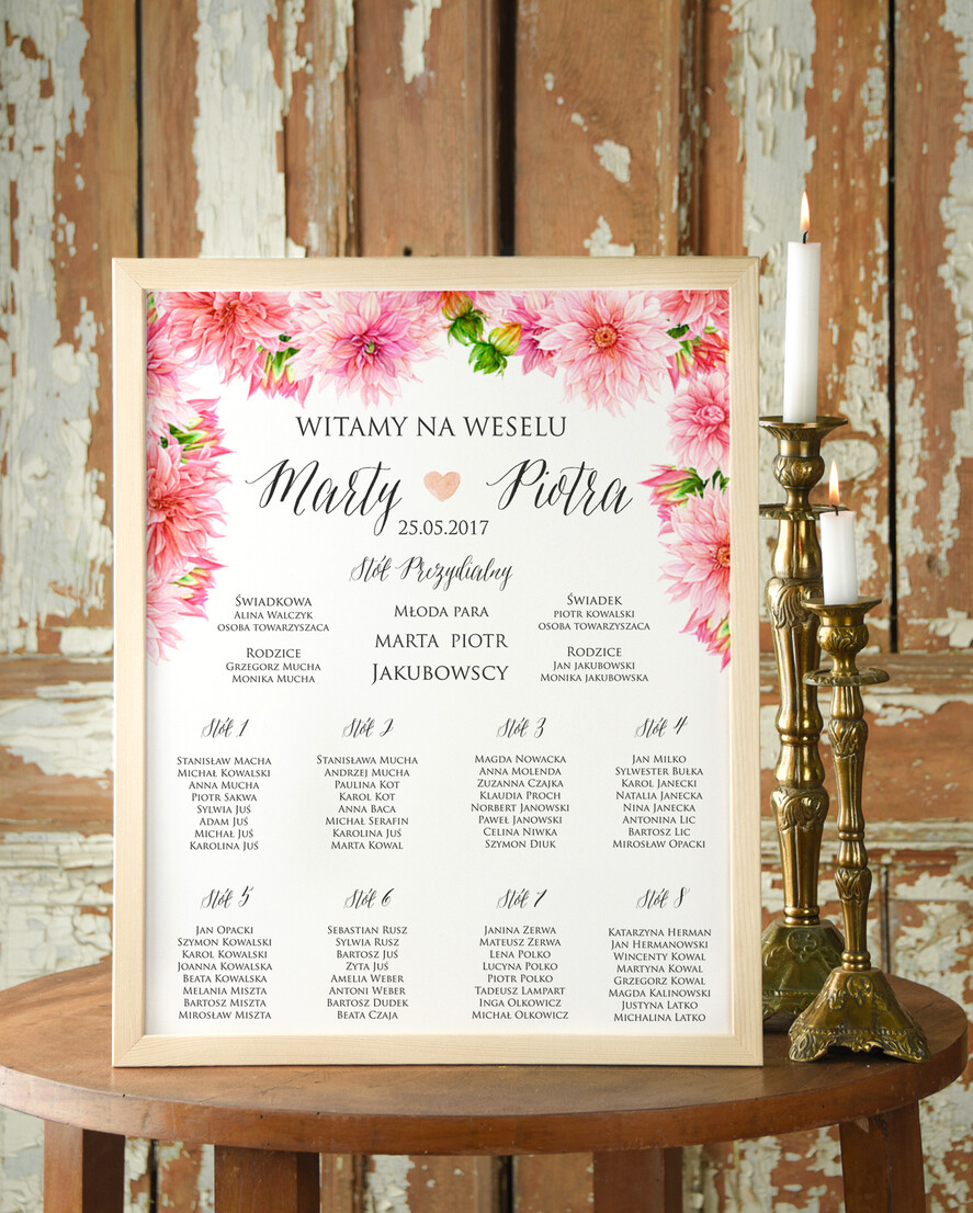Plany stołów Plakaty Rustykalne Różowe Dalie tablica z rozmieszczeniem gości plan stołów weselnych rustykalny styl wybierz rozmiar  0