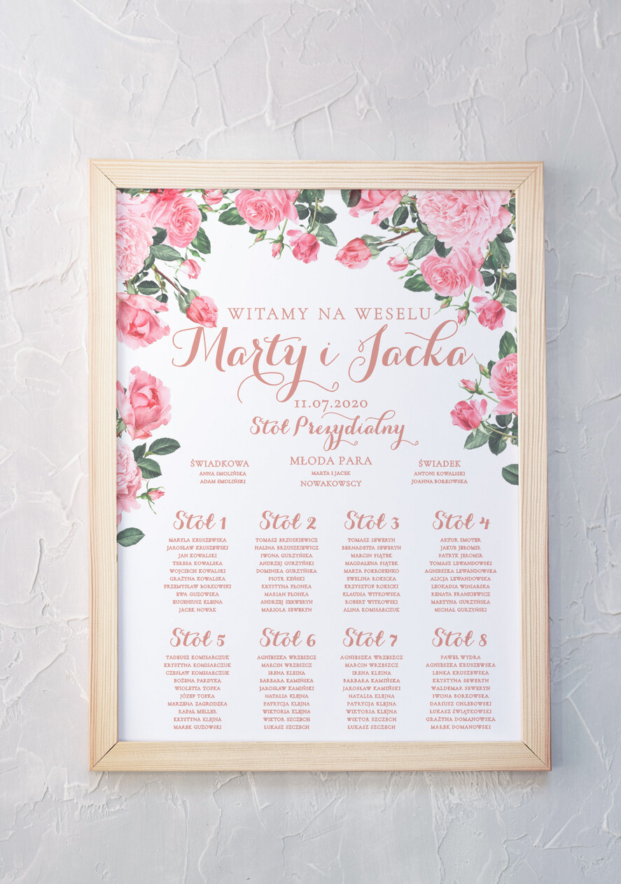 Plany stołów Plakaty Rustykalne Ogrodowe róże powitanie i usadzenie gości plan stołów weselnych w stylu rustykalnym dopasuj swoj rozmiar  0