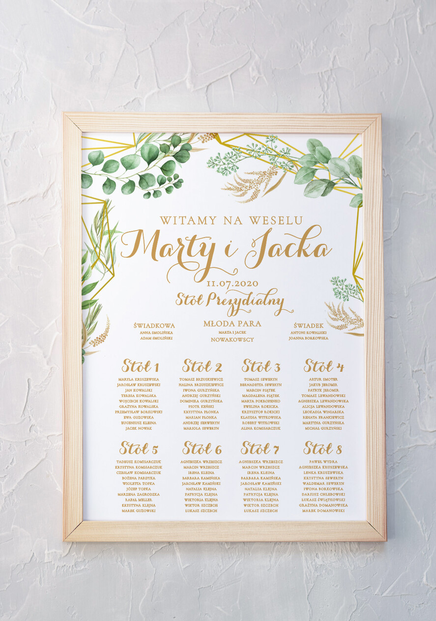 Plany stołów Plakaty Rustykalne Geometryczne motywy i zielone gałązki tablica informacyjna dla gości weselnych rustykalny styl wybierz rozmiar  0