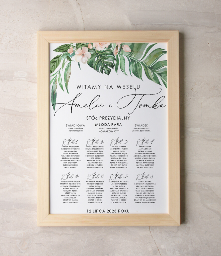 Plany stołów Plakaty Rustykalne Zielone liście planer ślubny plan usadzenia gości na weselu w stylu rustykalnym dopasuj swoj rozmiar  0