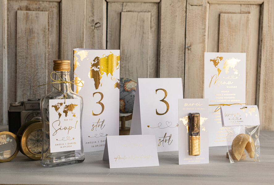 Winietki botaniczne podróżnicze  eleganckie winietki na stół weselny wizytówki ślubne, złote winietki z mapą świata, dekoracje stołów weselnych dla podróżników 14