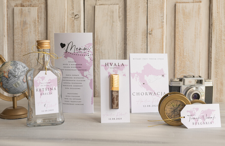 Winietki botaniczne podróżnicze  podróżnicze winietki ślubne wizytówki na stół weselny, winietki dopasowane do zaproszeń paszporty, winietki ślubne z mapą świata, winietki z motywem mapy 4