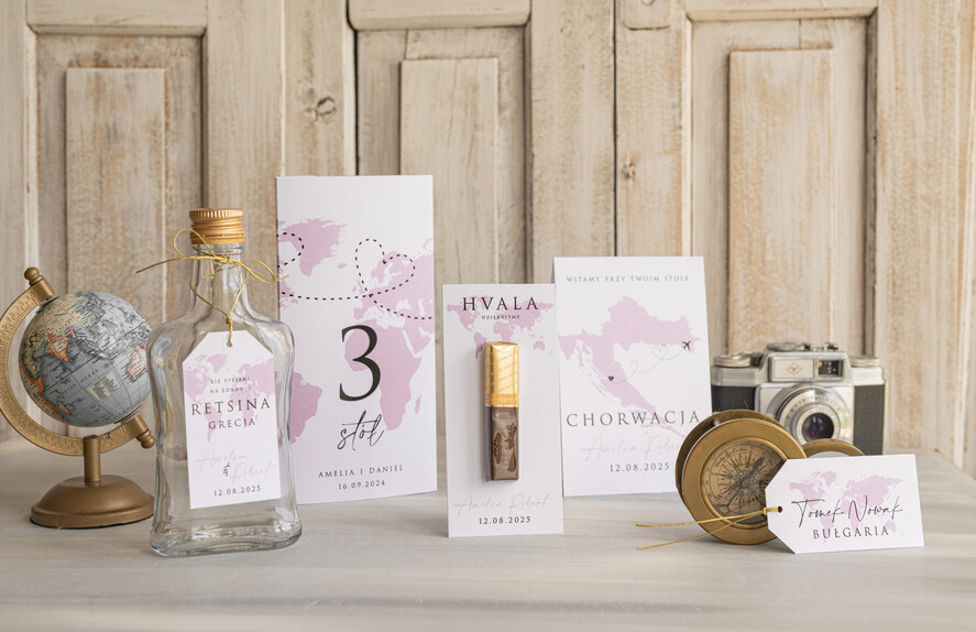 Winietki botaniczne podróżnicze  podróżnicze winietki ślubne wizytówki na stół weselny, winietki dopasowane do zaproszeń paszporty, winietki ślubne z mapą świata, winietki z motywem mapy 5