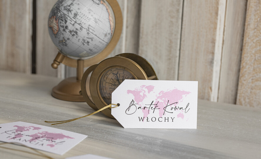 Winietki botaniczne podróżnicze  podróżnicze winietki ślubne wizytówki na stół weselny, winietki dopasowane do zaproszeń paszporty, winietki ślubne z mapą świata, winietki z motywem mapy 3