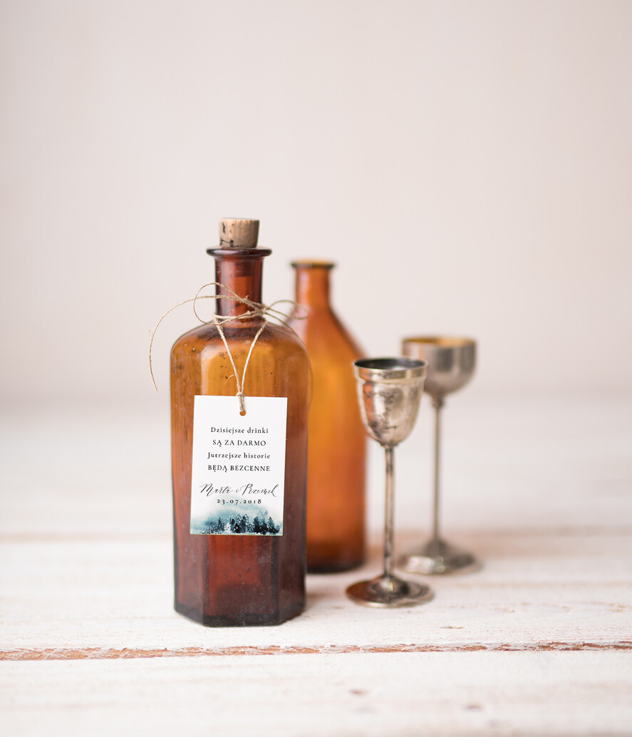 Zawieszki na butelki botaniczne podróżnicze  etykieta na alkohol weselny, boho z waszą treścią0