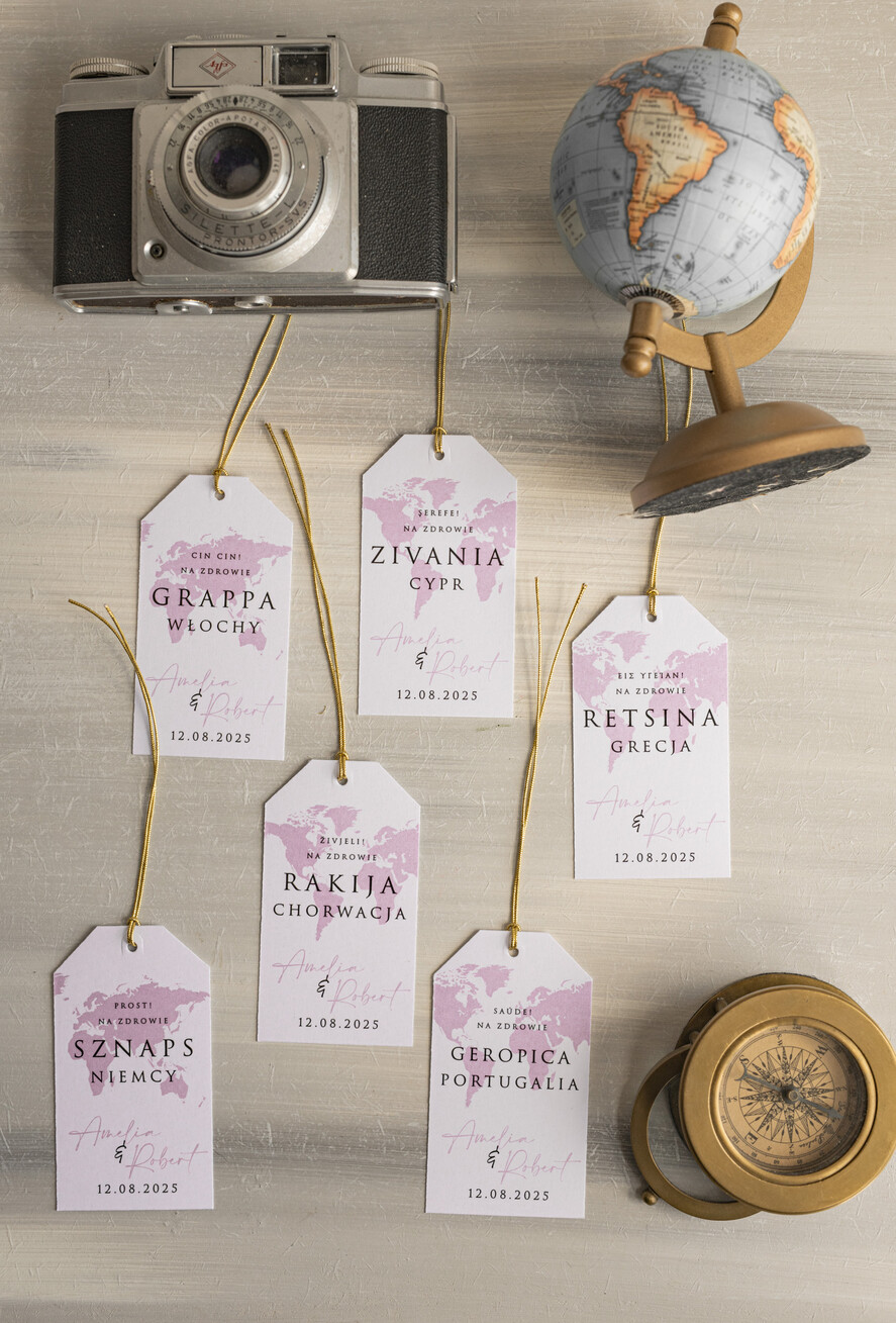 Zawieszki na butelki botaniczne podróżnicze  etykiety na butelki weselne z mapą, zawieszki na butelką dopasowana do zaproszeń paszport, zawieszki ślubne dla podróżników, zawieszki ślubne z dowolnym krajem3