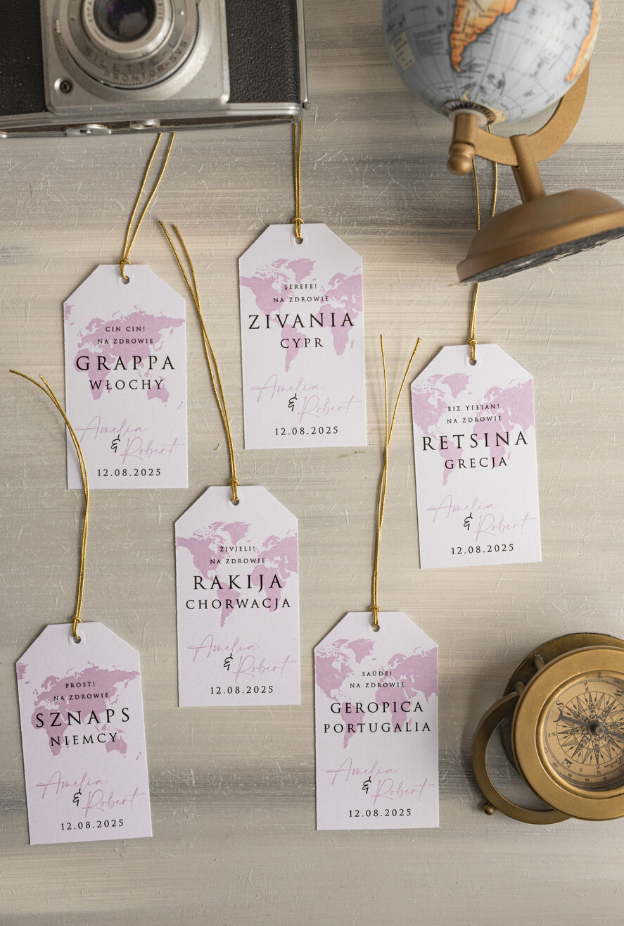 Zawieszki na butelki botaniczne podróżnicze  etykiety na butelki weselne z mapą, zawieszki na butelką dopasowana do zaproszeń paszport, zawieszki ślubne dla podróżników, zawieszki ślubne z dowolnym krajem1