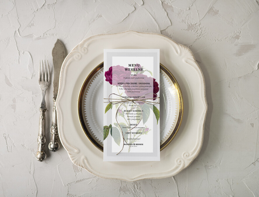Menu botaniczne podróżnicze  weselne menu karta dań weselnych, vintage wasz tekst0