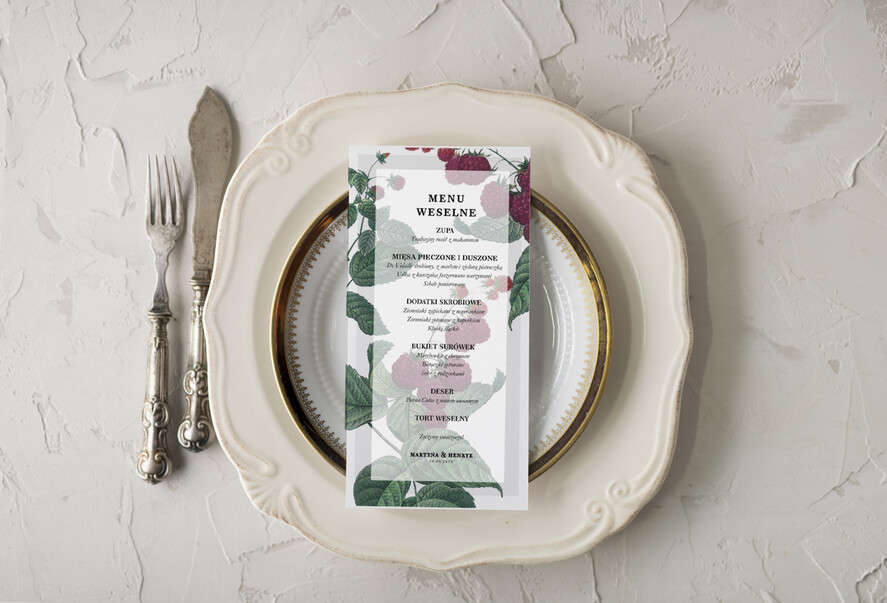 Menu botaniczne podróżnicze  ślubne menu z planem podawania dań wesenych, eleganckie na klasyczne wesele1