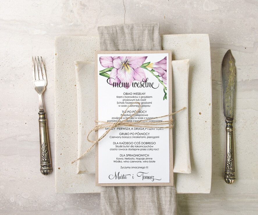 Menu botaniczne podróżnicze  menu weselne plan podawania posiłków na weselu, eleganckie na klasyczne wesele0