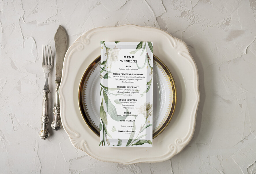 Menu botaniczne podróżnicze  ślubne menu karta potraw weselnych, botaniczne z dowolną treścia1