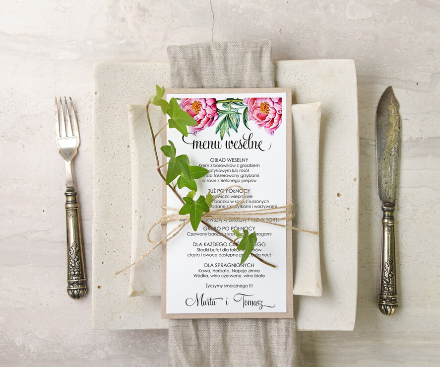 Menu botaniczne podróżnicze  menu weselne plan podawania posiłków na weselu, eleganckie na klasyczne wesele0