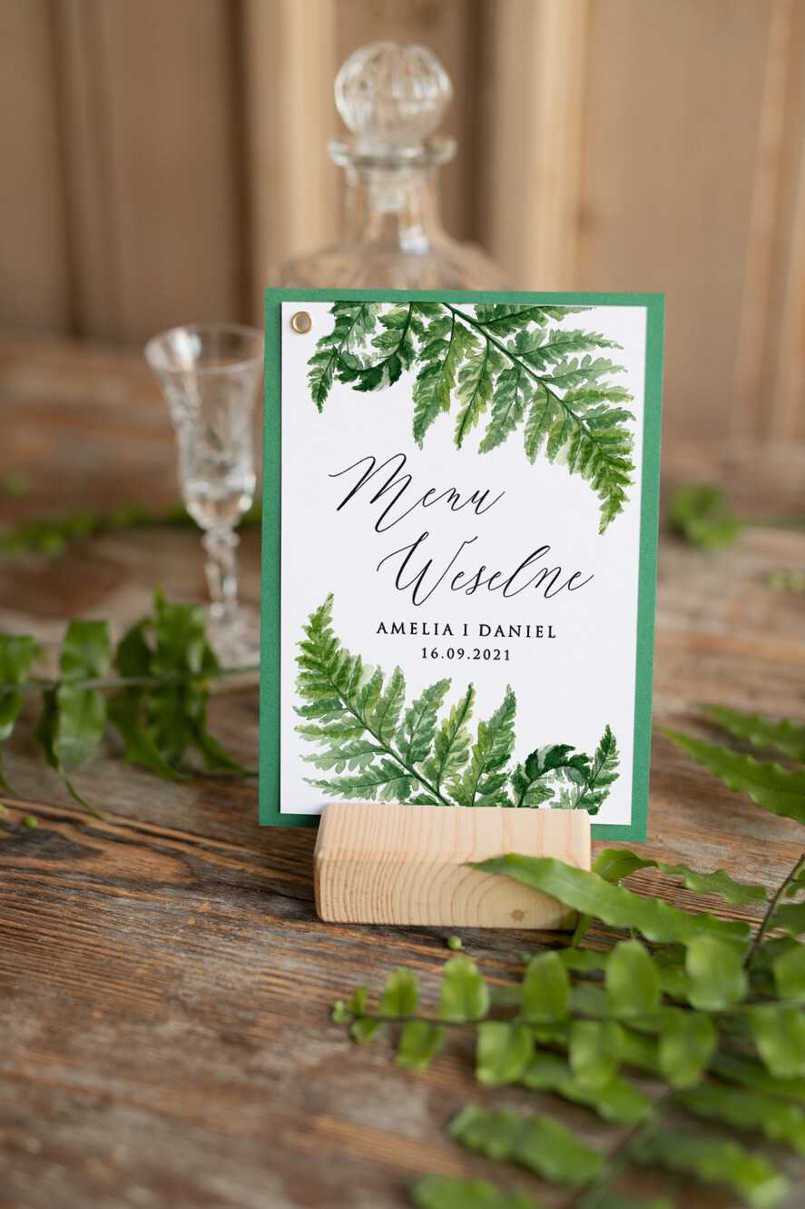 Menu botaniczne podróżnicze  menu ślubne z planem posiłków botaniczne z waszą treścią liść paproci0