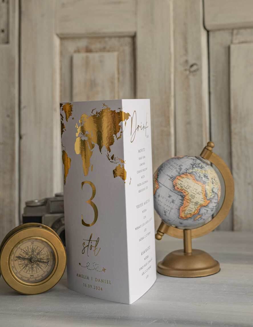 Menu botaniczne podróżnicze  menu ślubne z planem posiłków, numer stołu i menu w jednym, karta drinków na weselu, menu weselne z mapą świata, ozdoba na stoły weselne 1